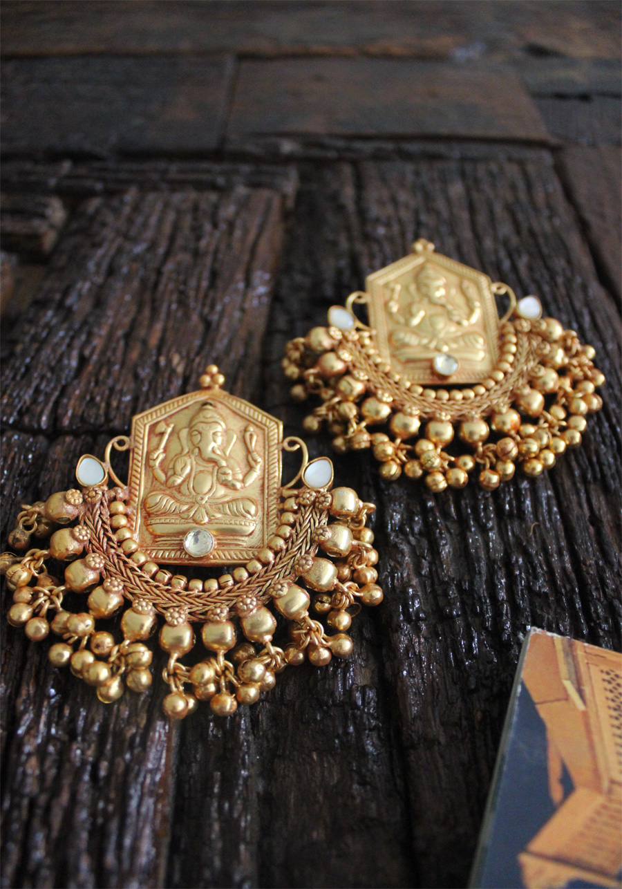 Gold Plated Temple Work Ganesha Ghungroo Chandbali - Art Jewelry Women ...