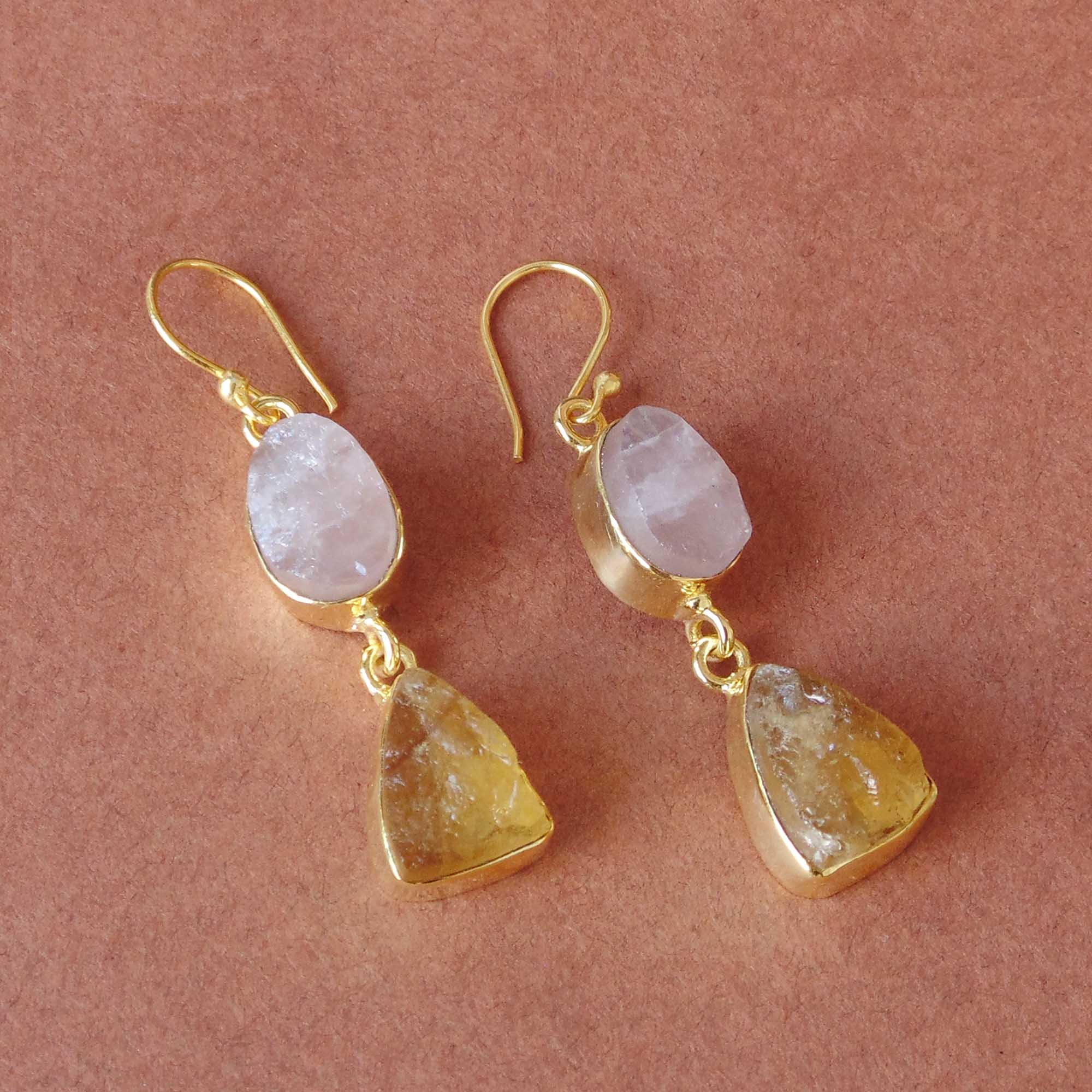 Rose quartz dangle earrings - gold / silver / antique brass - Shop Vermeer  Jewellery Earrings & Clip-ons - Pinkoi