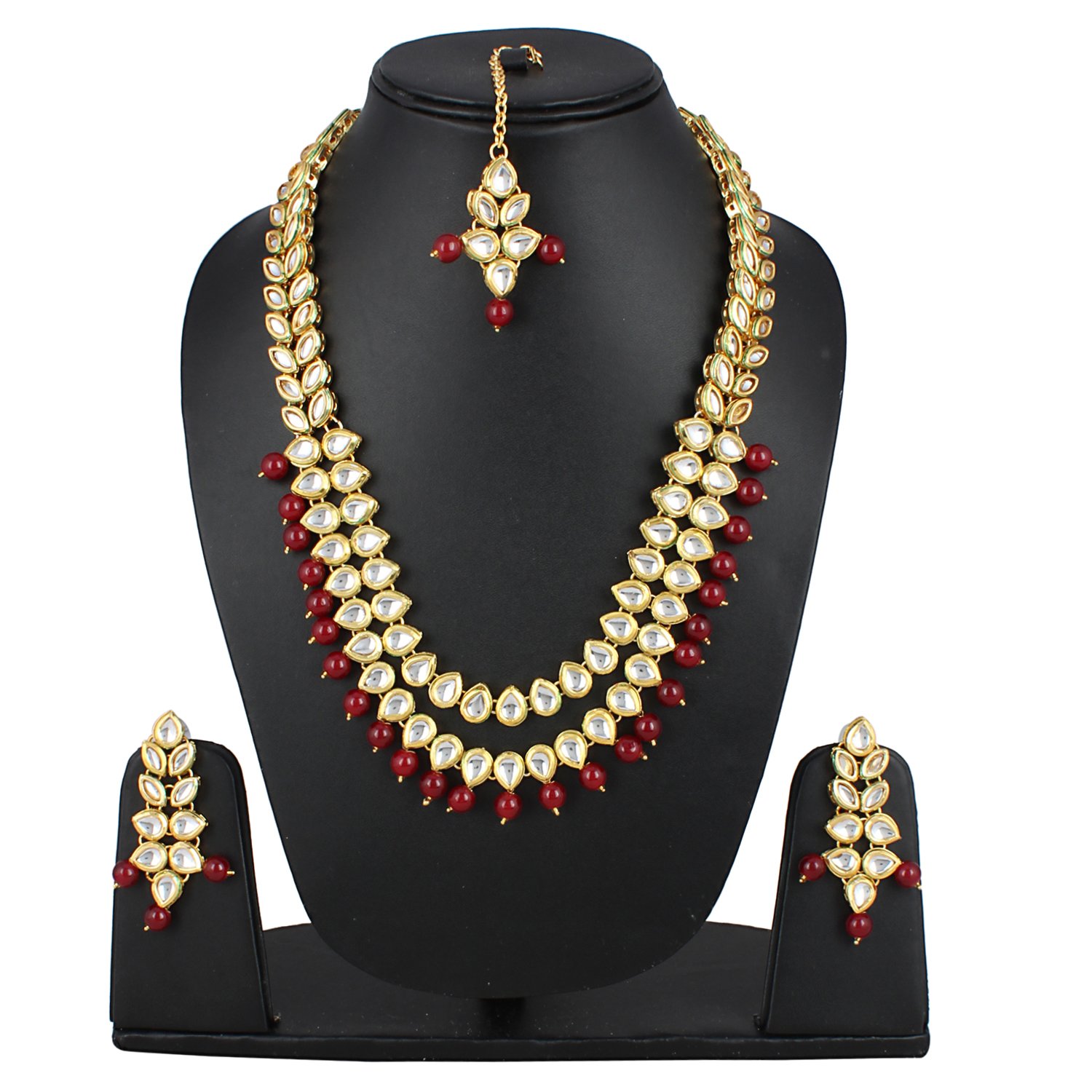 Kalaaplanet Two Layered Red Color Kundan Necklace Set With Earrings And Maang Tikka Art 0243