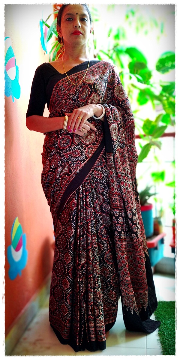 Monochrome Modal Silk Ajrakh Saree – For Sarees