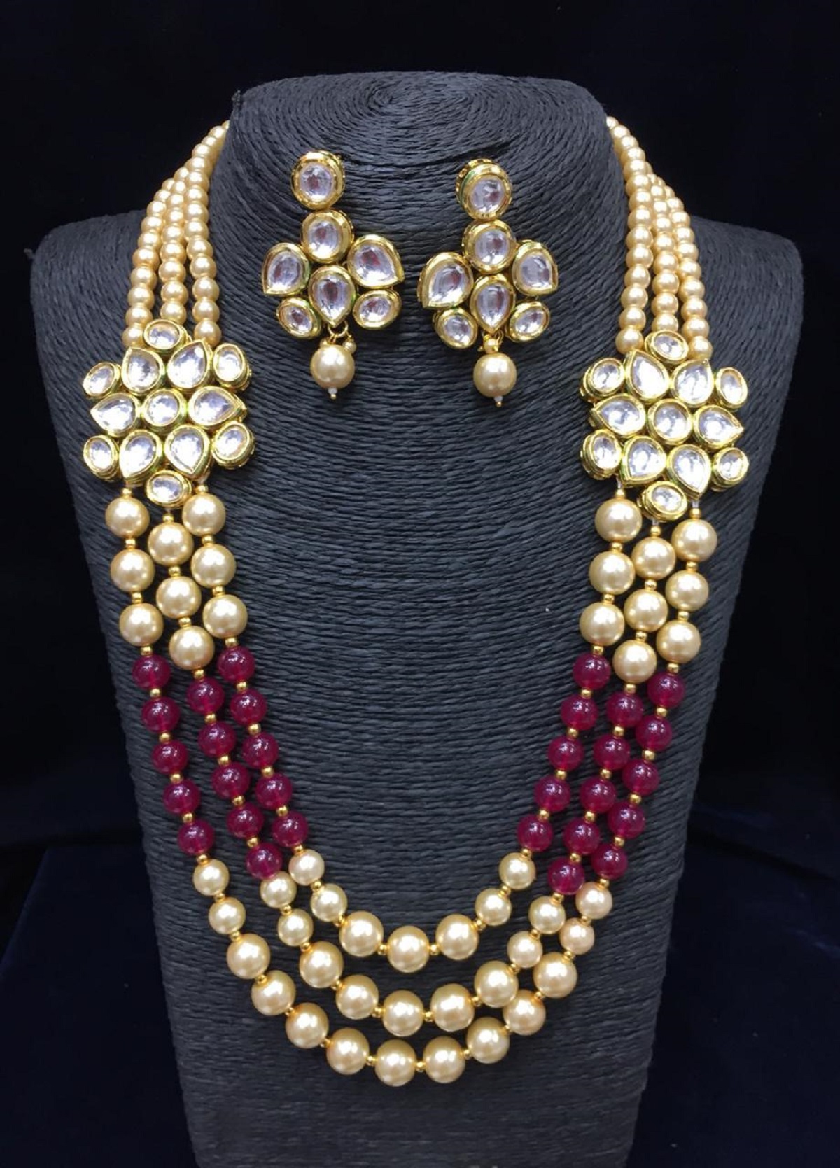 Kalaaplanet Three Layered Pearl And Kundan Necklace Set With Earrings ...