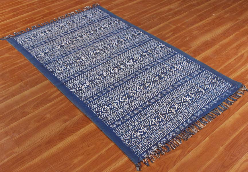 Hand Woven Cotton Durries Living Room Rugs Kitchen Rug Blue Kilim