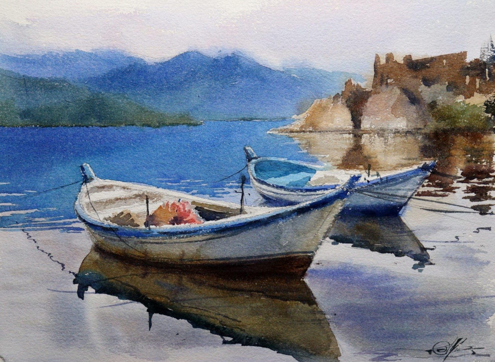 Boat on The Lake | Landscape View | Watercolor Painting by Achintya Hazra