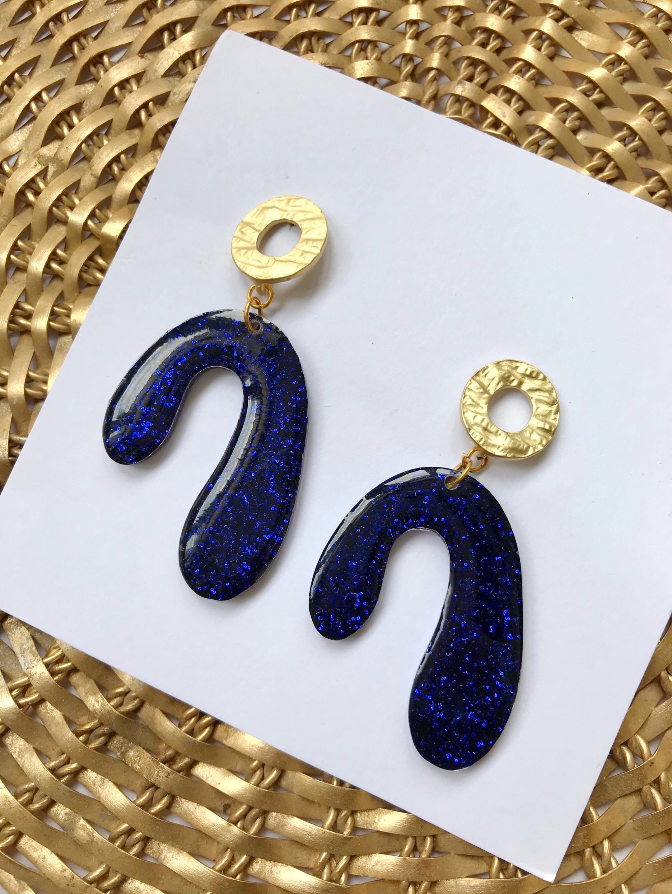 Abstract Arch Dangle Earrings Royal Blue Art Jewelry Women