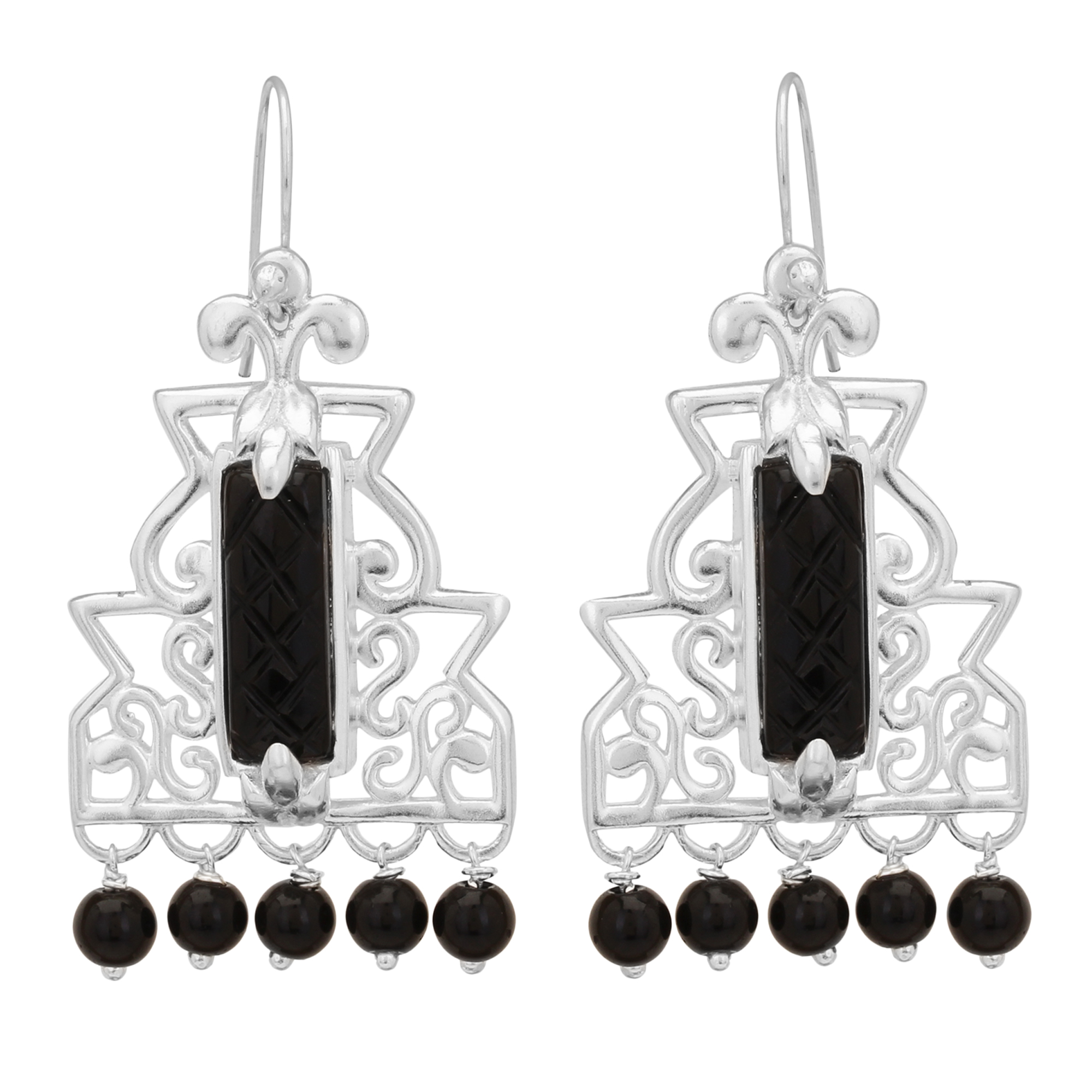 Bead Embellished Black Silver Danglers with Carved Stones - Jewelry ...